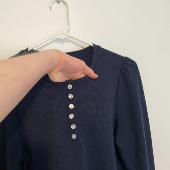 SPLENDID ANTHROPOLOGIE ANTHRO Waffle Mixed Puff Sleeve Top Navy Blue Henley Knit - Picture 6 of 14